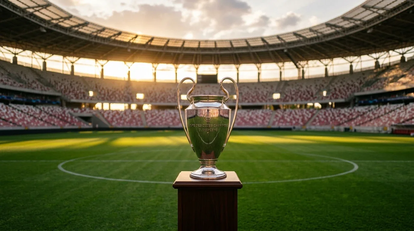 Trofeo de la Champions League iluminado sobre un pedestal en el centro del campo de un estadio de fútbol antes de la final
