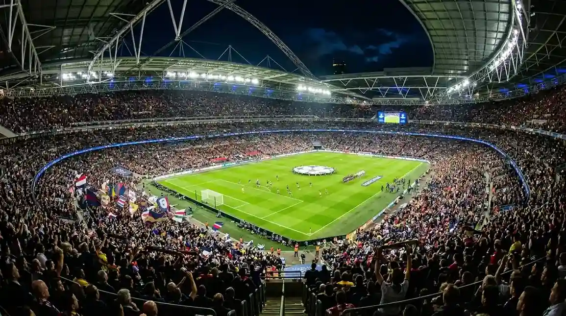 Estadio de fútbol lleno de espectadores durante una final de la Champions League con focos iluminando el campo