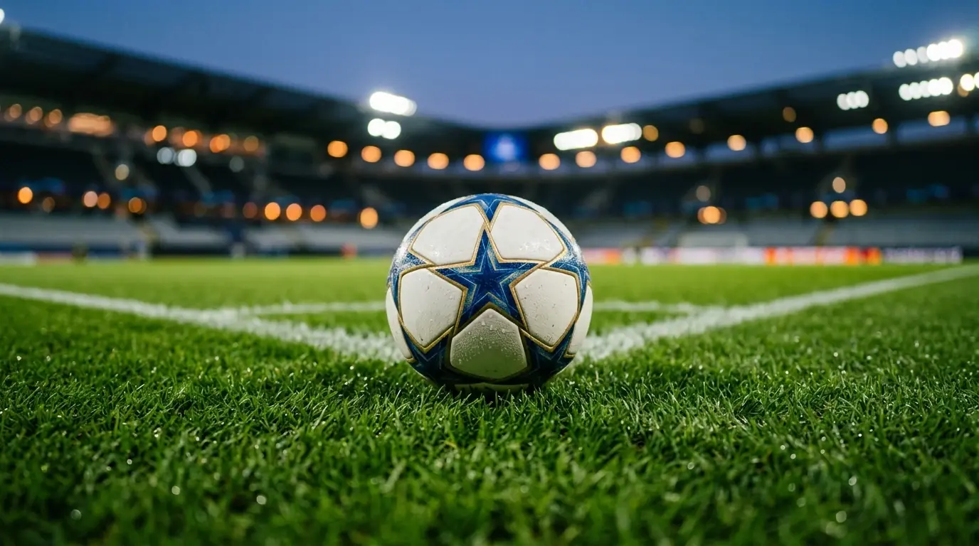 Balón de fútbol de la Champions League sobre el césped de un estadio profesional antes de un partido de eliminatoria